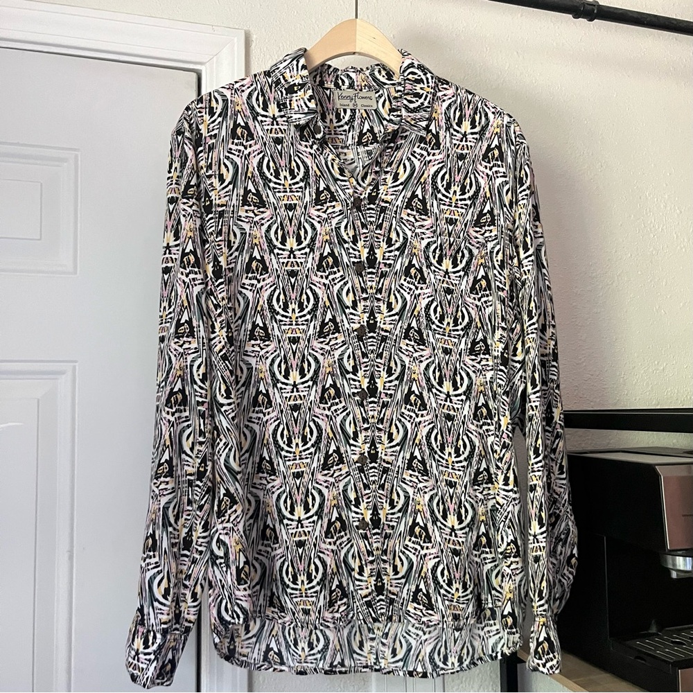 KENNY FLOWERS multicolor abstract print rayon long sleeve button up shirt